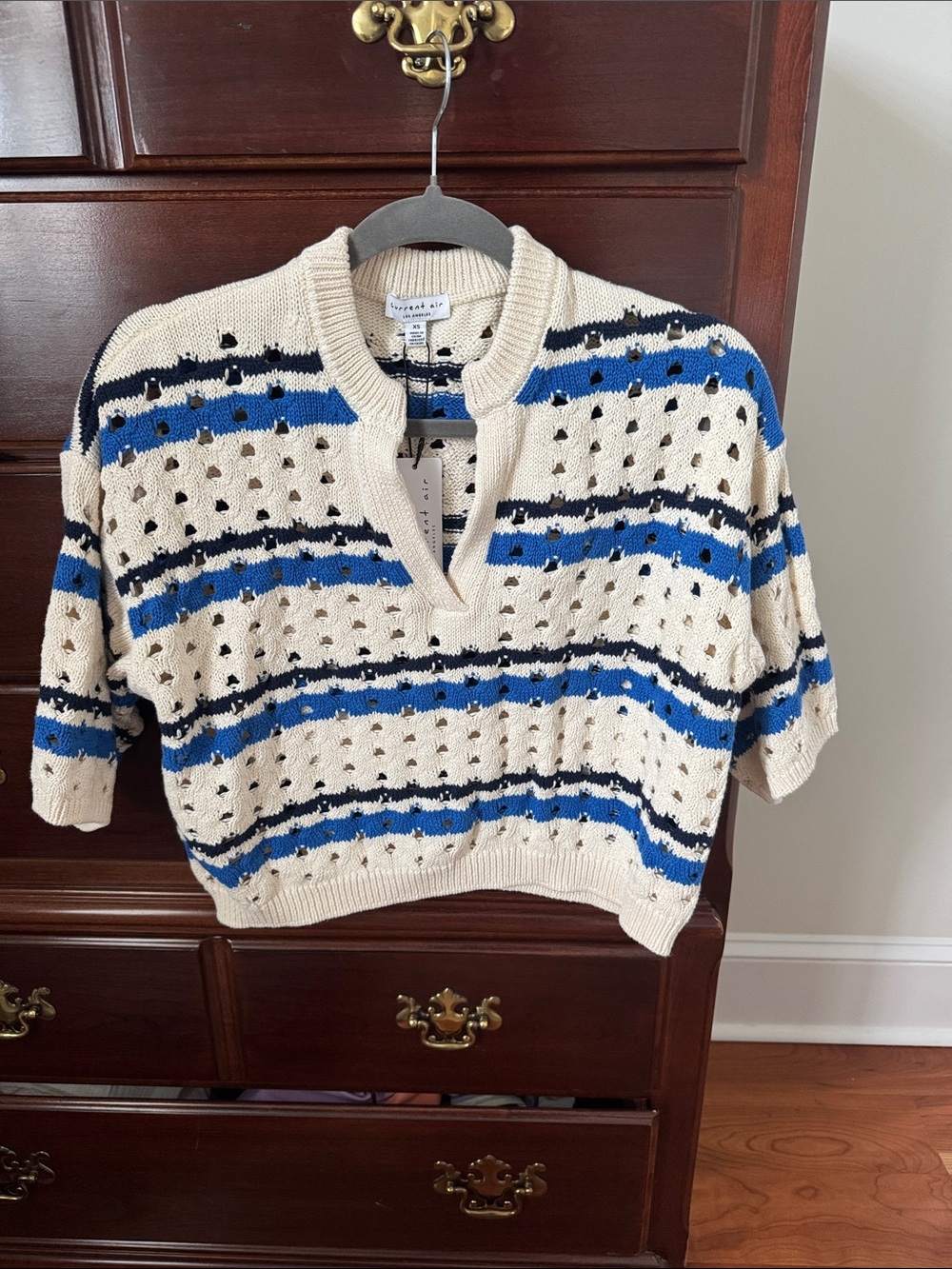 Current Air Open-Work Stripe Knit Pullover - Cream, Blue, Black